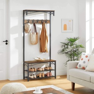 Portant collection NASHVILLE coloris bois et noir. Meuble d'entrée avec penderie et rangement chaussures intégrés