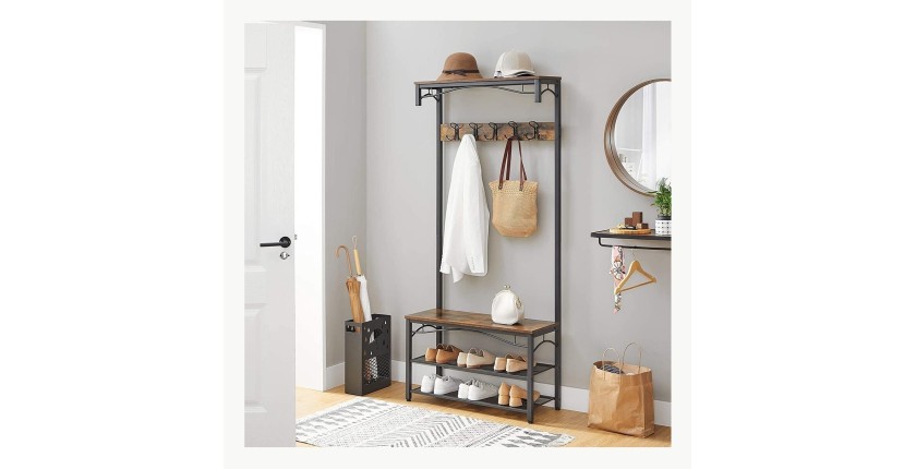 Portant collection NASHVILLE coloris bois et noir. Meuble d'entrée avec penderie et rangement chaussures intégrés