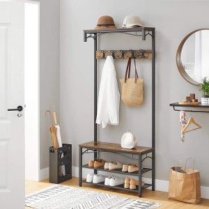 Portant collection NASHVILLE coloris bois et noir. Meuble d'entrée avec penderie et rangement chaussures intégrés