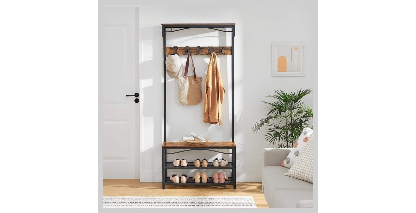 Portant collection NASHVILLE coloris bois et noir. Meuble d'entrée avec penderie et rangement chaussures intégrés