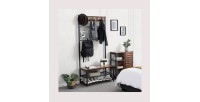 Portant collection NASHVILLE coloris noir et bois. Meuble d'entrée avec penderie et rangement chaussures intégrés