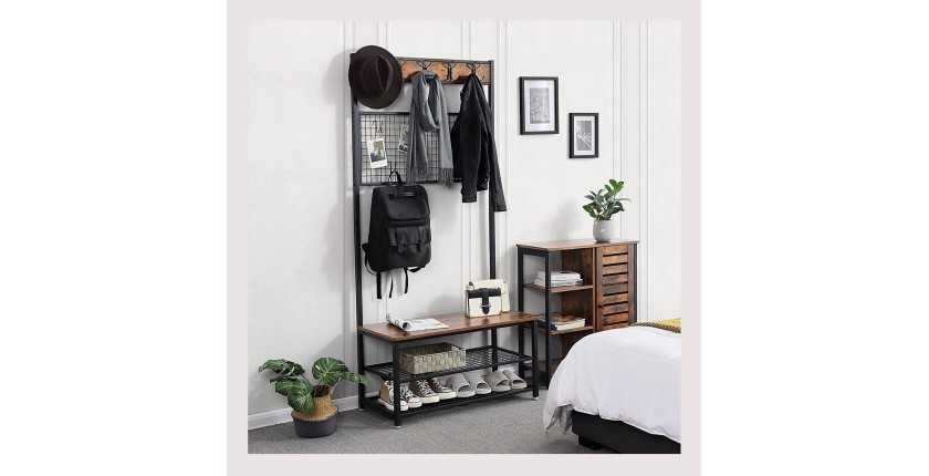 Portant collection NASHVILLE coloris noir et bois. Meuble d'entrée avec penderie et rangement chaussures intégrés