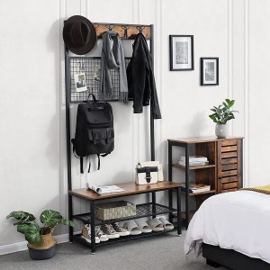 Portant collection NASHVILLE coloris noir et bois. Meuble d'entrée avec penderie et rangement chaussures intégrés