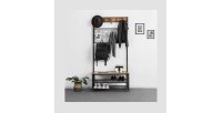 Portant collection NASHVILLE coloris noir et bois. Meuble d'entrée avec penderie et rangement chaussures intégrés