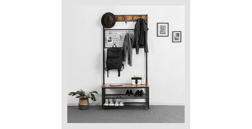 Portant collection NASHVILLE coloris noir et bois. Meuble d'entrée avec penderie et rangement chaussures intégrés