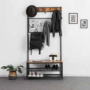 Portant collection NASHVILLE coloris noir et bois. Meuble d'entrée avec penderie et rangement chaussures intégrés