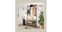 Portemanteau collection RICHMOND coloris noir et bois. Meuble d'entrée avec penderie et rangement chaussures intégrés