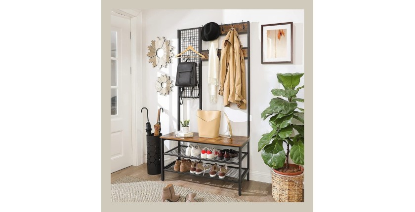 Portemanteau collection RICHMOND coloris noir et bois. Meuble d'entrée avec penderie et rangement chaussures intégrés