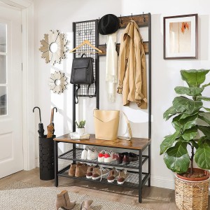 Portemanteau collection RICHMOND coloris noir et bois. Meuble d'entrée avec penderie et rangement chaussures intégrés