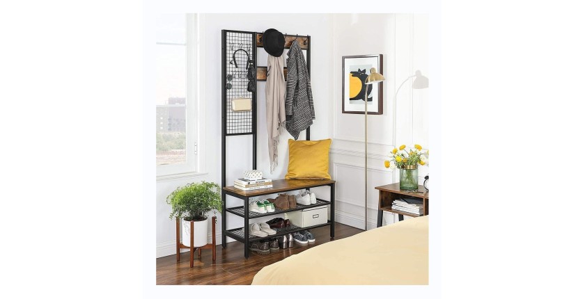 Portemanteau collection RICHMOND coloris noir et bois. Meuble d'entrée avec penderie et rangement chaussures intégrés