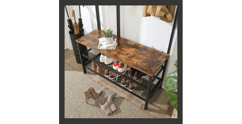 Portemanteau collection RICHMOND coloris noir et bois. Meuble d'entrée avec penderie et rangement chaussures intégrés
