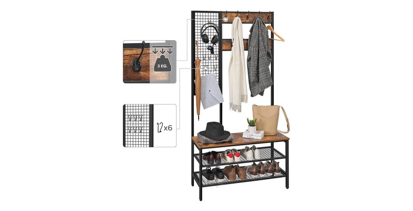 Portemanteau collection RICHMOND coloris noir et bois. Meuble d'entrée avec penderie et rangement chaussures intégrés
