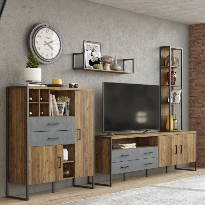 Étagère murale 100cm avec LED intégrées. Coloris épicéa et noir. Style industriel. Collection ZOLA.