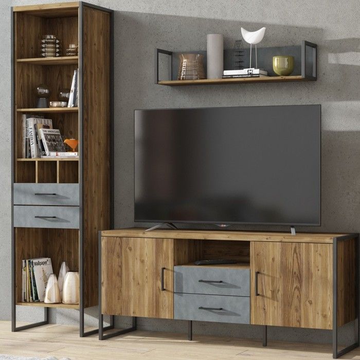 Étagère murale 100cm avec LED intégrées. Coloris épicéa et noir. Style industriel. Collection ZOLA.