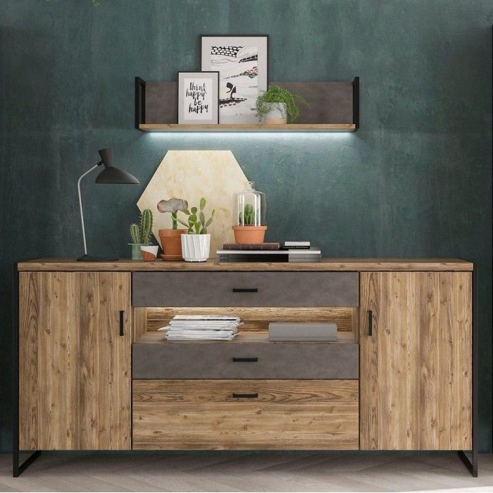 Étagère murale 100cm avec LED intégrées. Coloris épicéa et noir. Style industriel. Collection ZOLA.