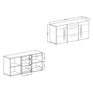 Buffet design 180cm. Collection BREDA deux portes et trois tiroirs. Coloris blanc.