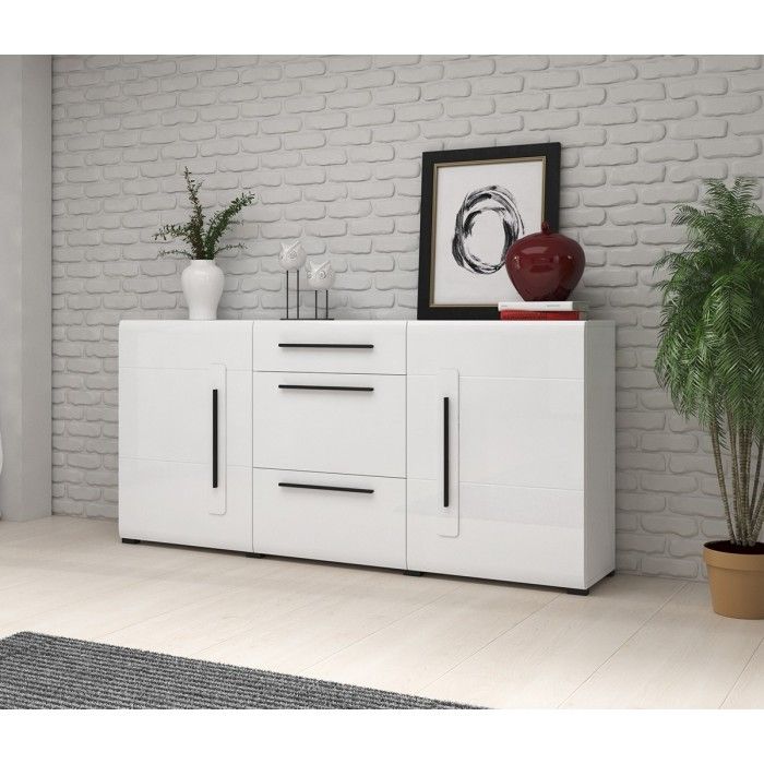 Buffet design 180cm. Collection BREDA deux portes et trois tiroirs. Coloris blanc.