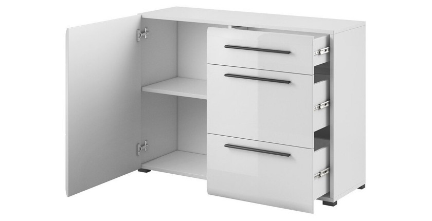 Buffet design 120cm. Collection BREDA une porte et trois tiroirs. Coloris blanc.