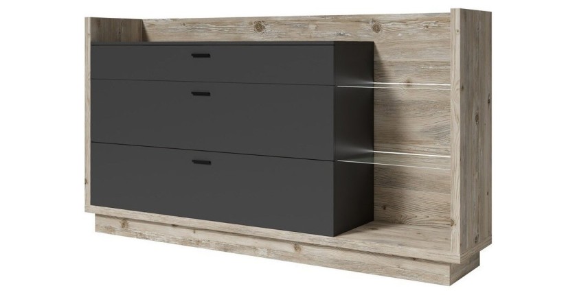 Buffet design XL 200cm. Collection CORK 3 tiroirs et étagères avec LED intégrée. Coloris pin et gris anthracite.