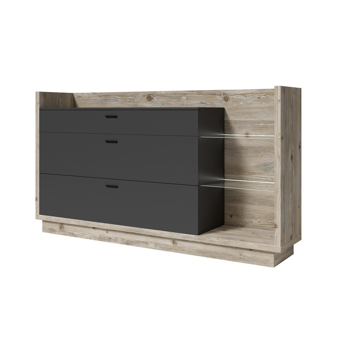 Buffet design XL 200cm. Collection CORK 3 tiroirs et étagères avec LED intégrée. Coloris pin et gris anthracite.