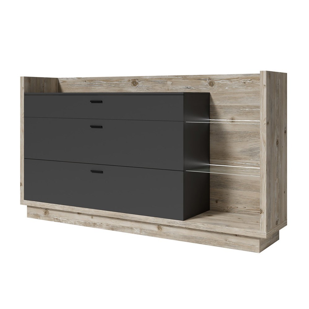 Buffet design XL 200cm. Collection CORK 3 tiroirs et étagères avec LED intégrée. Coloris pin et gris anthracite.