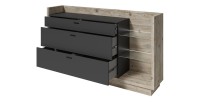 Buffet design XL 200cm. Collection CORK 3 tiroirs et étagères avec LED intégrée. Coloris pin et gris anthracite.