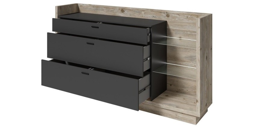 Buffet design XL 200cm. Collection CORK 3 tiroirs et étagères avec LED intégrée. Coloris pin et gris anthracite.