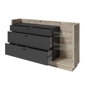 Buffet design XL 200cm. Collection CORK 3 tiroirs et étagères avec LED intégrée. Coloris pin et gris anthracite.