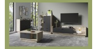 Buffet design XL 200cm. Collection CORK 3 tiroirs et étagères avec LED intégrée. Coloris pin et gris anthracite.