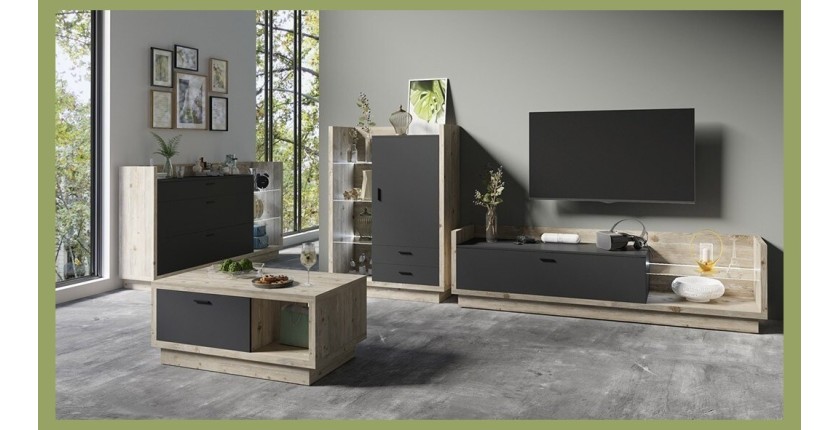 Buffet design XL 200cm. Collection CORK 3 tiroirs et étagères avec LED intégrée. Coloris pin et gris anthracite.