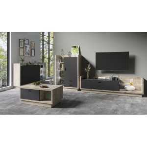 Buffet design XL 200cm. Collection CORK 3 tiroirs et étagères avec LED intégrée. Coloris pin et gris anthracite.