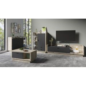 Buffet design XL 200cm. Collection CORK 3 tiroirs et étagères avec LED intégrée. Coloris pin et gris anthracite.