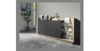 Buffet design XL 200cm. Collection CORK 3 tiroirs et étagères avec LED intégrée. Coloris pin et gris anthracite.