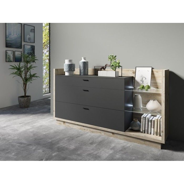 Buffet design XL 200cm. Collection CORK 3 tiroirs et étagères avec LED intégrée. Coloris pin et gris anthracite.
