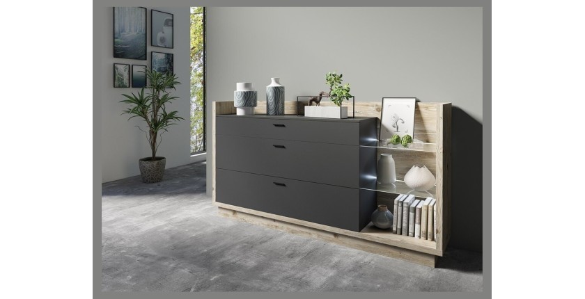 Buffet design XL 200cm. Collection CORK 3 tiroirs et étagères avec LED intégrée. Coloris pin et gris anthracite.