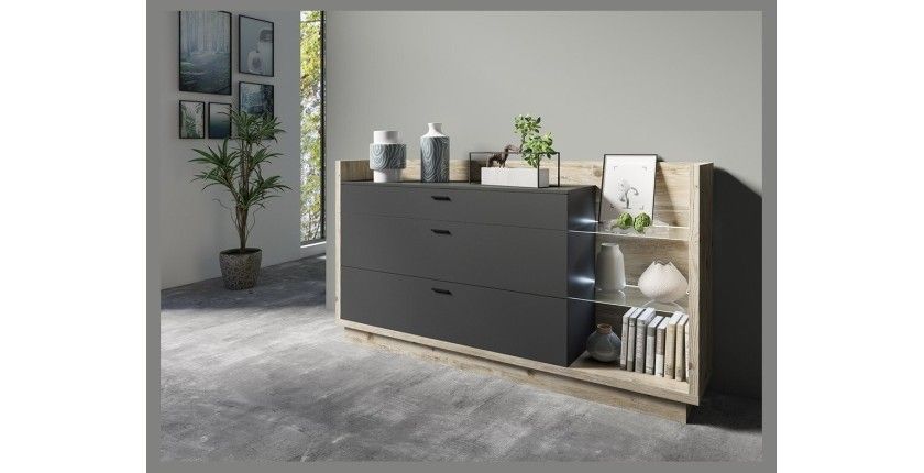 Buffet design XL 200cm. Collection CORK 3 tiroirs et étagères avec LED intégrée. Coloris pin et gris anthracite.