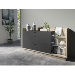 Buffet design XL 200cm. Collection CORK 3 tiroirs et étagères avec LED intégrée. Coloris pin et gris anthracite.