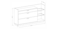 Buffet design XL 200cm. Collection CORK 3 tiroirs et étagères avec LED intégrée. Coloris pin et gris anthracite.