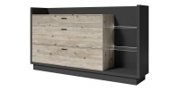 Buffet design XL 200cm. Collection CORK 3 tiroirs et étagères avec LED intégrée. Coloris gris et pin.