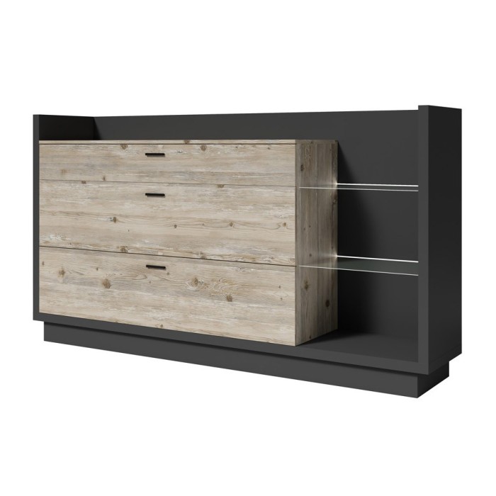 Buffet design XL 200cm. Collection CORK 3 tiroirs et étagères avec LED intégrée. Coloris gris et pin.
