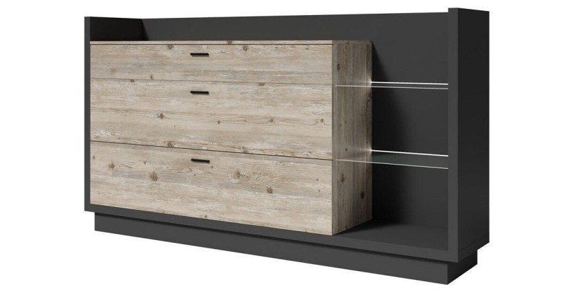 Buffet design XL 200cm. Collection CORK 3 tiroirs et étagères avec LED intégrée. Coloris gris et pin.