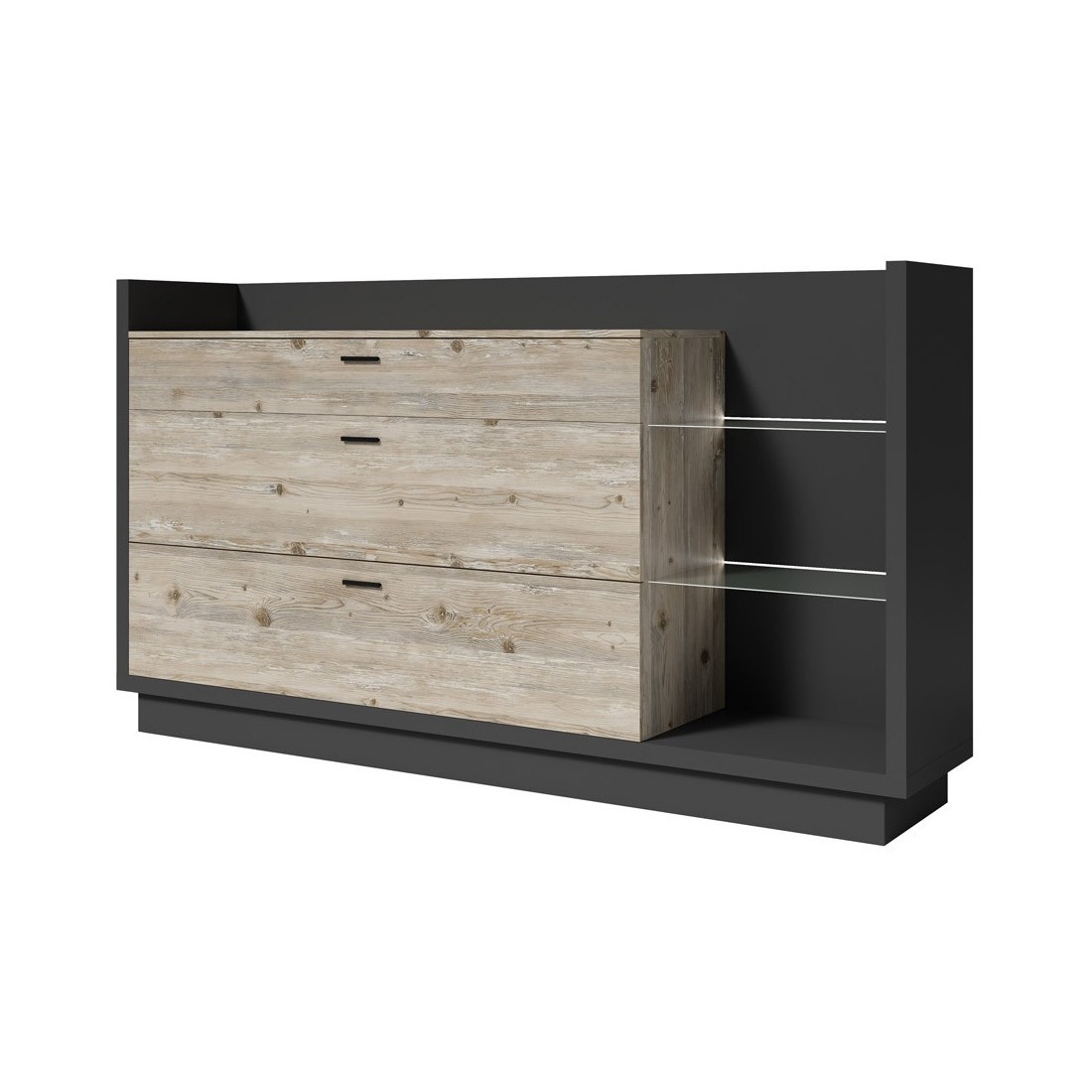 Buffet design XL 200cm. Collection CORK 3 tiroirs et étagères avec LED intégrée. Coloris gris et pin.