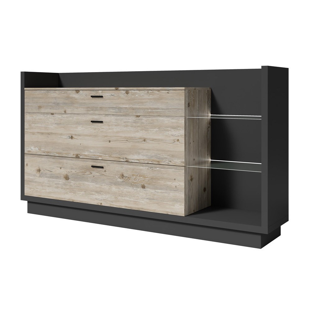 Buffet design XL 200cm. Collection CORK 3 tiroirs et étagères avec LED intégrée. Coloris gris et pin.