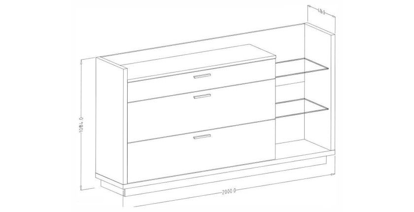 Buffet design XL 200cm. Collection CORK 3 tiroirs et étagères avec LED intégrée. Coloris gris et pin.
