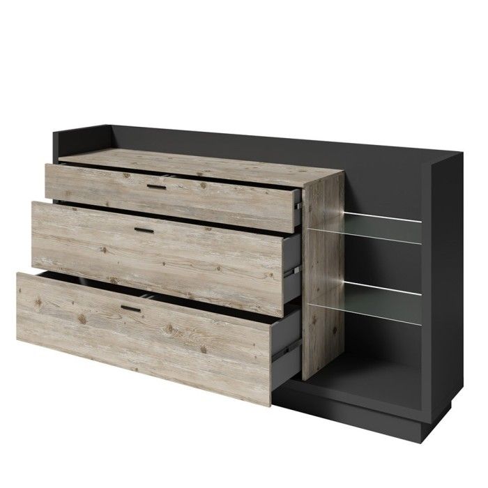 Buffet design XL 200cm. Collection CORK 3 tiroirs et étagères avec LED intégrée. Coloris gris et pin.