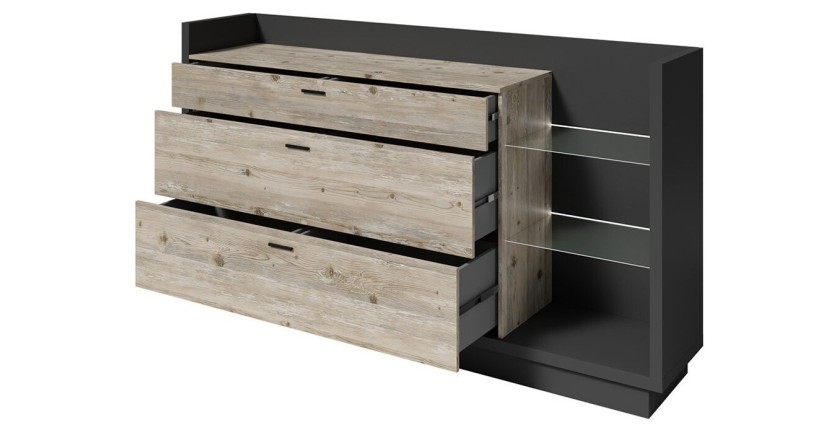 Buffet design XL 200cm. Collection CORK 3 tiroirs et étagères avec LED intégrée. Coloris gris et pin.