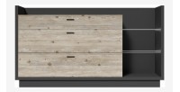 Buffet design XL 200cm. Collection CORK 3 tiroirs et étagères avec LED intégrée. Coloris gris et pin.