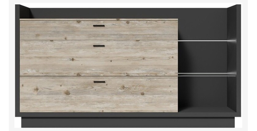 Buffet design XL 200cm. Collection CORK 3 tiroirs et étagères avec LED intégrée. Coloris gris et pin.