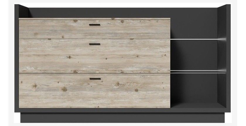 Buffet design XL 200cm. Collection CORK 3 tiroirs et étagères avec LED intégrée. Coloris gris et pin.