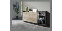 Buffet design XL 200cm. Collection CORK 3 tiroirs et étagères avec LED intégrée. Coloris gris et pin.